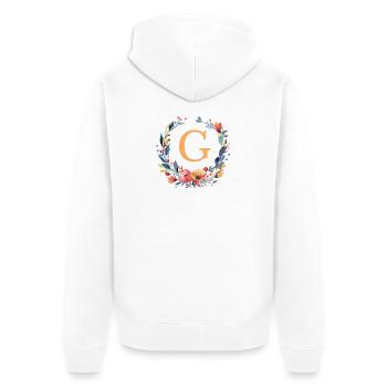 G Monogramm, Blumen-Kranz, personalisierbar - Unisex Premium Bio Zip Hoodie - Weiß - Hinten - Thijin (182cm)