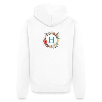 H Monogramm, Blumen-Kranz, personalisierbar - Unisex Premium Bio Zip Hoodie - Weiß - Hinten - Thijin (182cm)