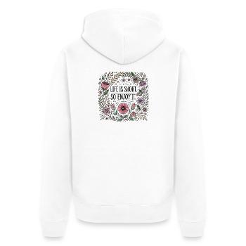 Life is short so enjoy it - Unisex Premium Organic Zip Hoodie - white - Back - Thijin (182cm)