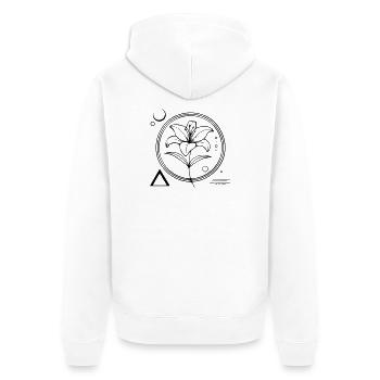 Florale Geometrie – Die Lilie als Symbol - Unisex Premium Bio Zip Hoodie - Weiß - Hinten - Thijin (182cm)