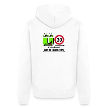30. Geburtstag ,Ü30 Kein Grund sich zu verstecken - Unisex Premium Bio Zip Hoodie - Weiß - Hinten - Thijin (182cm)