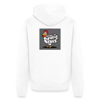 Comic Huhn "Trying to Hendl this" - Unisex Premium Bio Zip Hoodie - Weiß - Hinten - Thijin (182cm)