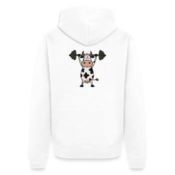 Lustige Kuh Barbell Workout Fitness Bodybuilding - Unisex Premium Bio Zip Hoodie - Weiß - Hinten - Thijin (182cm)