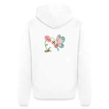 Papillon joyeux face à une fleur - Veste à capuche bio Premium Unisexe - blanc - Dos - Thijin (182cm)