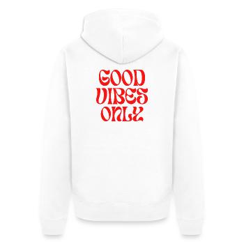 Inspirierende Aufschrift "Nur gute Emotionen" - Unisex Premium Bio Zip Hoodie - Weiß - Hinten - Thijin (182cm)