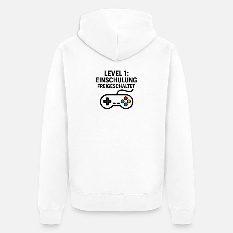 Gaming | Level 1: Einschulung Freigeschaltet - Unisex Premium Bio Zip Hoodie - Weiß