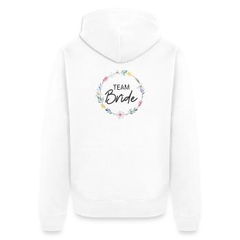 Team Bride! Personalisierbar, Blumen-Kranz - Unisex Premium Bio Zip Hoodie - Weiß - Hinten - Thijin (182cm)