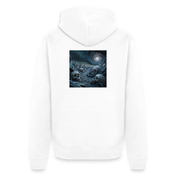 Unheimliche Schädellandschaft unter kosmischem Wirbel - Unisex Premium Bio Zip Hoodie - Weiß - Hinten - Thijin (182cm)