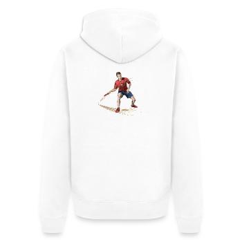 Dynamischer Tischtennisspieler mit Energieeffekten - Unisex Premium Bio Zip Hoodie - Weiß - Hinten - Thijin (182cm)