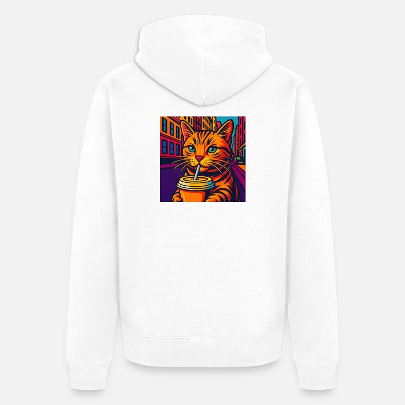 Lebhafte Stadtkatze mit Getränk, liebe Katzen - Unisex Premium Bio Zip Hoodie - Weiß