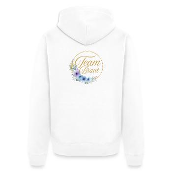 Team Braut! Kreis, Floral, Blau, Lila, Gold - Unisex Premium Bio Zip Hoodie - Weiß - Hinten - Thijin (182cm)