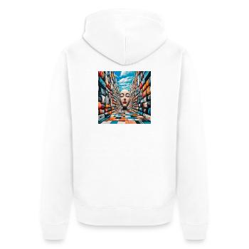 Mysteriöses Gesicht in bunter Bibliothek - Unisex Premium Bio Zip Hoodie - Weiß - Hinten - Thijin (182cm)
