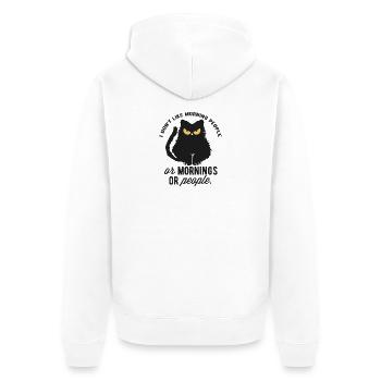 Katze mit morgendlicher Unzufriedenheit und Zitaten - Unisex Premium Bio Zip Hoodie - Weiß - Hinten - Thijin (182cm)
