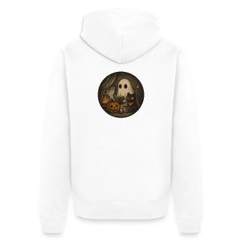 Gemütliches Halloween Szenario mit Geist u Kürbis - Unisex Premium Bio Zip Hoodie - Weiß - Hinten - Thijin (182cm)