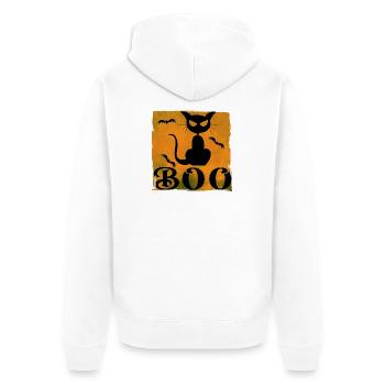 Halloween T-shirt with cat and boo text - Unisex Premium Organic Zip Hoodie - white - Back - Thijin (182cm)