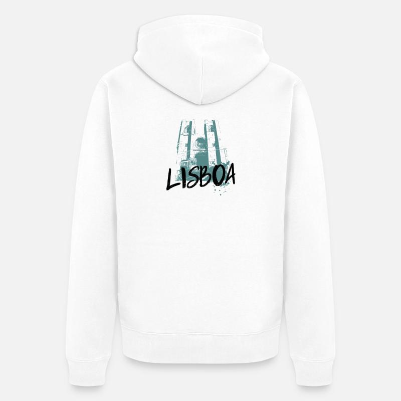 Tramway et cathédrale, Lisbonne illustration bleue - Veste à capuche bio Premium Unisexe - blanc