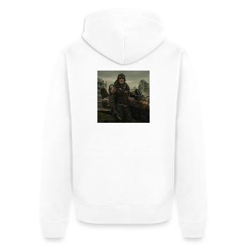 Steampunk-Pilot auf postapokalyptischen Ruinen - Unisex Premium Bio Zip Hoodie - Weiß - Hinten - Thijin (182cm)