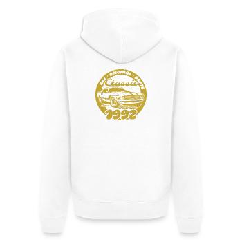33e anniversaire - Muscle car classique 12/1992 - Veste à capuche bio Premium Unisexe - blanc - Dos - Thijin (182cm)