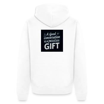 Ein gutes Gespräch ist ein kostbares Geschenk - Unisex Premium Bio Zip Hoodie - Weiß - Hinten - Thijin (182cm)