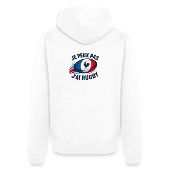Ich kann nicht, ich habe Rugby. - Unisex Premium Bio Zip Hoodie - Weiß - Hinten - Thijin (182cm)