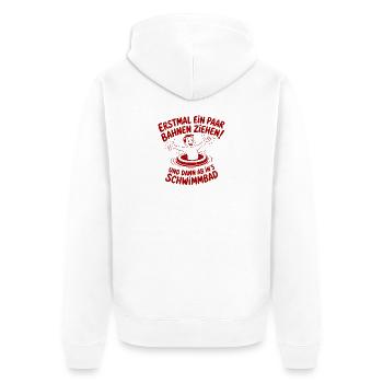 Ein paar Bahnen ziehen - und danach ab in's Bad - Unisex Premium Bio Zip Hoodie - Weiß - Hinten - Thijin (182cm)