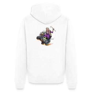 Mamie violette sur un scooter de mobilité de course - Veste à capuche bio Premium Unisexe - blanc - Dos - Thijin (182cm)