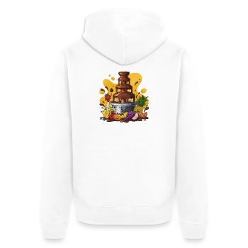 SchokoBrunnen Früchteparade - Unisex Premium Bio Zip Hoodie - Weiß - Hinten - Thijin (182cm)