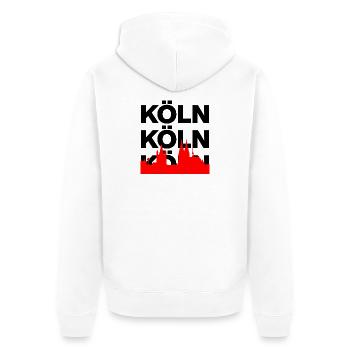 Köln Skyline – Ewiger Stolz! ming hätz jet op - Unisex Premium Bio Zip Hoodie - Weiß - Hinten - Thijin (182cm)