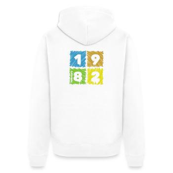 44. Écussons Farbige du Geburtstag depuis 02/1982 - Veste à capuche bio Premium Unisexe - blanc - Dos - Thijin (182cm)