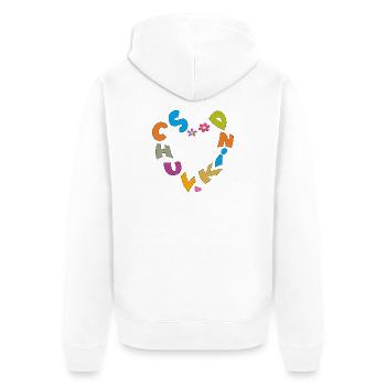 Schulkind mit bunten Buchstaben Herz und Blumen - Unisex Premium Bio Zip Hoodie - Weiß - Hinten - Thijin (182cm)