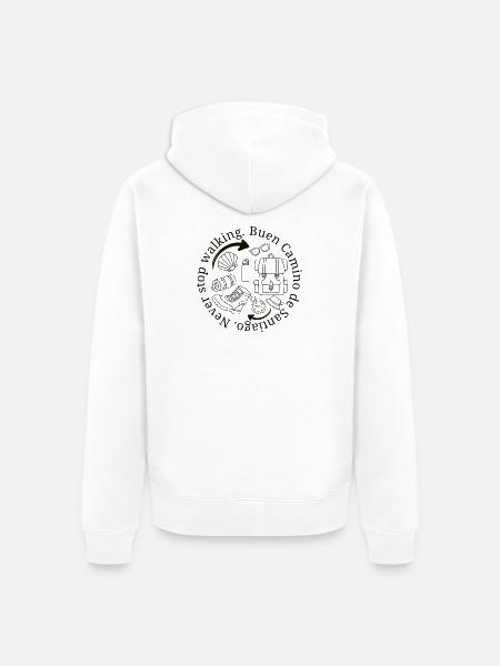 Never Stop Walking on the Camino de Santiago - Unisex Premium Organic Zip Hoodie - white