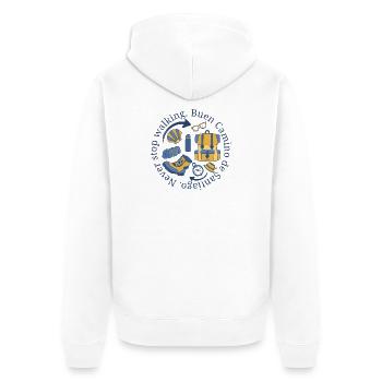 Buen Camino hört nie auf, in Blau und Gelb zu gehen. - Unisex Premium Bio Zip Hoodie - Weiß - Hinten - Thijin (182cm)