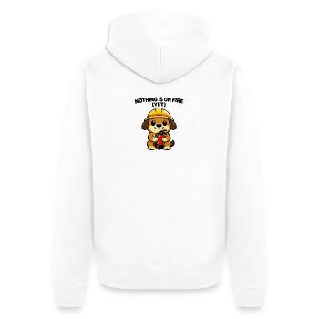 Baustellenhündchen: Nichts brennt (noch) - Unisex Premium Bio Zip Hoodie - Weiß - Hinten - Thijin (182cm)