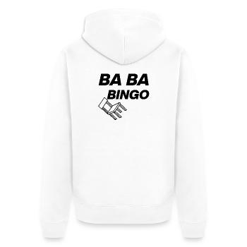 B-B-B-BINGO TREND, VIRAL FUN, MEME SCHULE STUHL 🪑 - Unisex Premium Bio Zip Hoodie - Weiß - Hinten - Thijin (182cm)