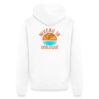 Level 18 Freigeschaltet, eine kreative und freudige Ergänzung - Unisex Premium Bio Zip Hoodie - Weiß - Hinten - Thijin (182cm)