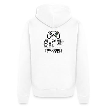 Humour gamer - Je game toujours en retard  - Veste à capuche bio Premium Unisexe - blanc - Dos - Thijin (182cm)