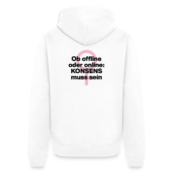 OB OFFLINE ODER ONLINE: KONSENS! ♀ FEMALE POWER - Unisex Premium Bio Zip Hoodie - Weiß - Hinten - Thijin (182cm)
