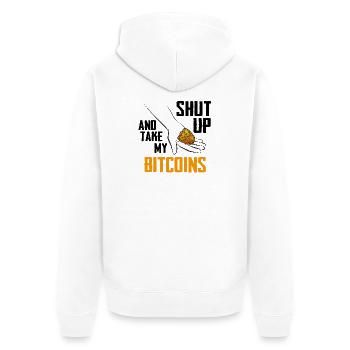 Bitcoin Handmünzen Emblem / Nimm meinen Bitcoin - Unisex Premium Bio Zip Hoodie - Weiß - Hinten - Thijin (182cm)