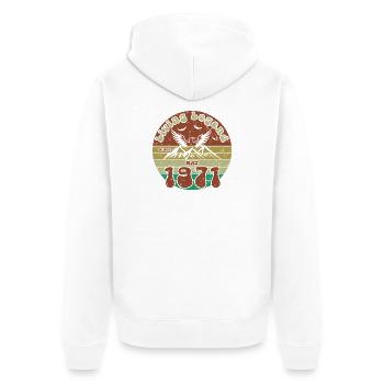 55e anniversaire Légende vivante depuis VIN 05/1971 - Veste à capuche bio Premium Unisexe - blanc - Dos - Thijin (182cm)