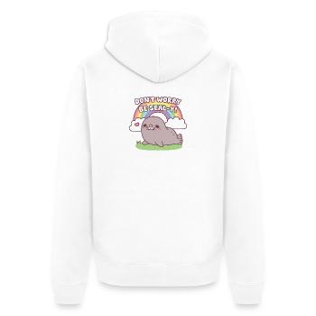 Mach dir keine Sorgen, sei siegelhaft, niedlich, dicker Robbe und Regenbogen - Unisex Premium Bio Zip Hoodie - Weiß - Hinten - Thijin (182cm)