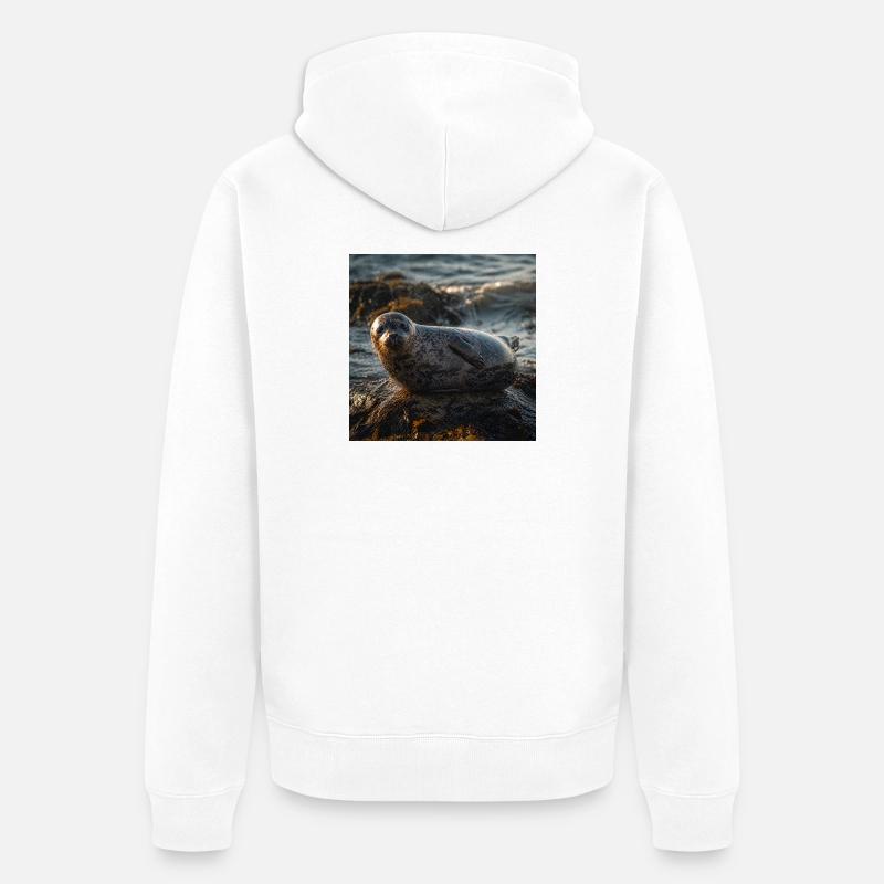 Robbe auf der Klippe am Meer - Unisex Premium Bio Zip Hoodie - Weiß