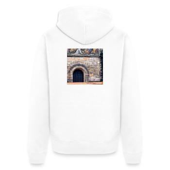 Bremer Anti Gewalt Bank unter Jesus Kreuzigung - Unisex Premium Bio Zip Hoodie - Weiß - Hinten - Thijin (182cm)