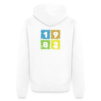 44. Écussons Farbige du Geburtstag depuis 07/1982 - Veste à capuche bio Premium Unisexe - blanc - Dos - Thijin (182cm)