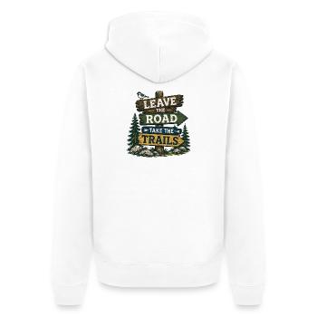 Verlassen Sie die Straße, nehmen Sie die Pfade - Unisex Premium Bio Zip Hoodie - Weiß - Hinten - Thijin (182cm)