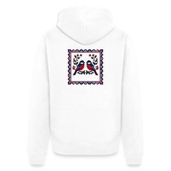 Motif de broderie de duo d’oiseaux rouge-bleus - Veste à capuche bio Premium Unisexe - blanc - Dos - Thijin (182cm)