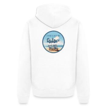 Ostsee – Er küsste sie wollte Meer - Unisex Premium Bio Zip Hoodie - Weiß - Hinten - Thijin (182cm)