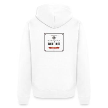 Was hier passiert, bleibt hier – JGA - Unisex Premium Bio Zip Hoodie - Weiß - Hinten - Thijin (182cm)