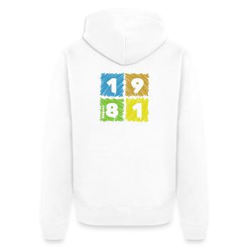 45. Écussons Geburtstag Farbige depuis 08/1981 - Veste à capuche bio Premium Unisexe - blanc - Dos - Thijin (182cm)