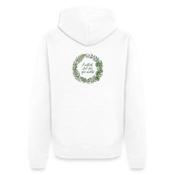 Endlich Zeit für gar nichts – Spruch im Ehrenkranz - Unisex Premium Bio Zip Hoodie - Weiß - Hinten - Thijin (182cm)