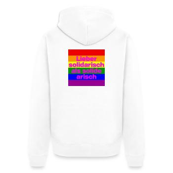 LIEBER SOLIDARISCH ALS SOLIDE ARISH, NO NZS - Unisex Premium Bio Zip Hoodie - Weiß - Hinten - Thijin (182cm)